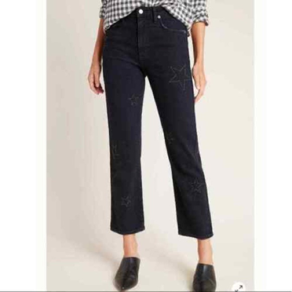 Anthropologie Sundry High Rise Black Straight Leg Embroidered Star Jeans